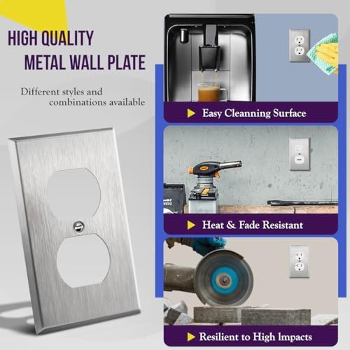 ENERLITES Duplex Receptacle Metal Wall Plate, Stainless Steel Switch Outlet Cover, Size 1-Gang 4.50" x 2.76", 7721-10PCS, 430, UL Listed, Silver (10 Pack), 10 Count