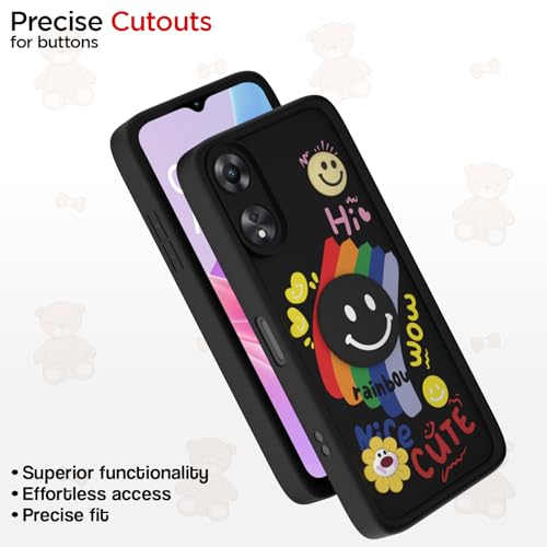 Image of Pikkme Back Cover for Oppo A78 5G | Soft Silicone| Cute Rainbow Smile & 3D Cartoon Flower Design | Shockproof Raised Camera Protection Bumper Case (Black)
