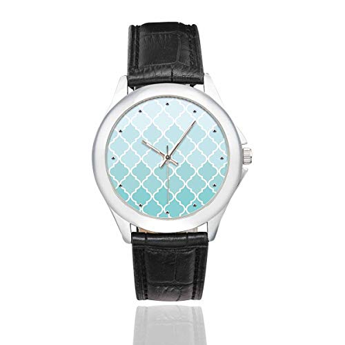 InterestPrint Fashion Teal Moroccan Tile Quatrefoil Women's Fashion Stainless Steel Watch with Black Leather Band