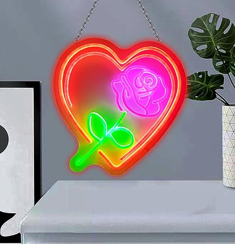 Image of 14 inch Romantic Flower Rose Love Sweet Heart Custom Design Decorated Acrylic Panel Handmade Man Cave LED Neon Sign Light WB07