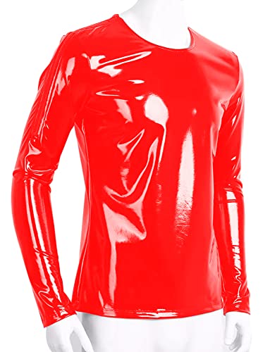Image of AIEOE Men's Leather Metallic Shirts Shiny Slim Fit Stretch Top Wetlook Club Party Undershirts
