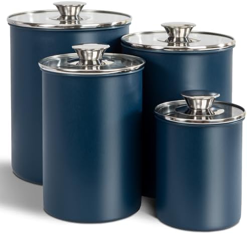 Stainless Steel Food Canister Set of 4-Piece, 16/49/85/132 Ounces,Airtight Containers with Glass Lid for Tea,Coffee,Sugar,Flour,Pantry Kitchen Storage Storeroom Counter (Blue)