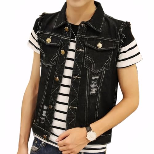 JINNELLE Colete jeans masculino lapela retrô rasgado casual sem mangas jaqueta jeans, Preto, XX-Larg