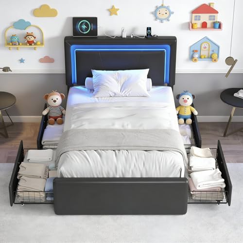 Image of Twin Size Bed Frame with 4 Storage Drawers, Upholstered Headboard, Black