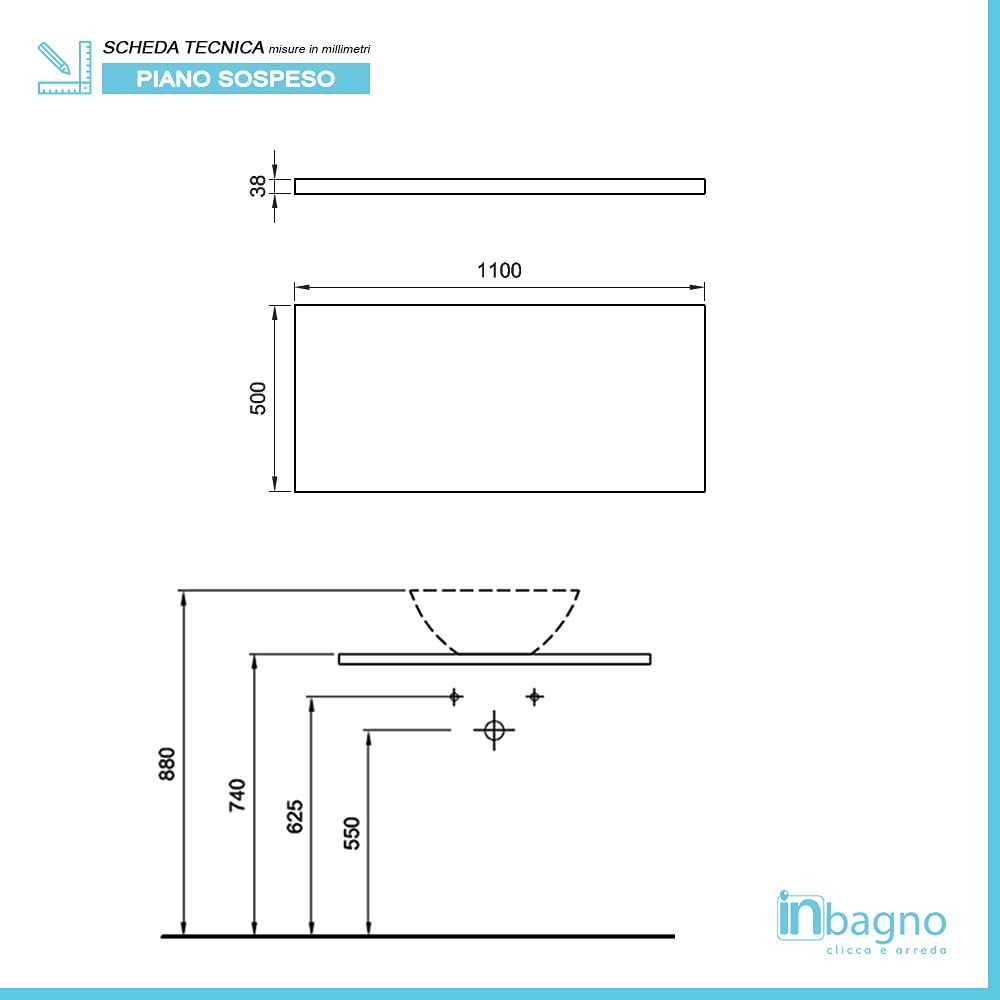 Inbagno Master Mensola sospesa per lavabo 140 cm Grigio Cemento Rivestimento Idrorepellente