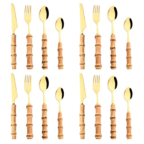 Juego De Cubiertos, 16/24 Piezas, Acero Inoxidable, Vajilla Creativa Con Mango De Bambú, Cuchillo Para Carne, Tenedor, Cuchara, Cucharilla, Cubertería, Vajilla De Cocina, 24 Piezas Doradas, 24 Piezas
