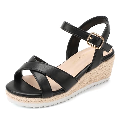 Image of PANDNAINJIA Girls Sandals Wedge Platform Heels Dress Shoes | Little Big Kids Girl Cross Strap Sandal Adjustable Espadrille Flatform Lightweight Flower Wedding Party Shoes