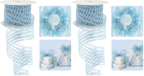 HUIHUANG Blue Burlap Wired Ribbon 2.5 inch Dusty Blue Jute Mesh Netting Wire Ribbon for Wreaths Supplies, Christmas Trees, Gift Wrapping, Garlands, Summer Beach Theme Home Decor- 10 Yards (Pack of 2)