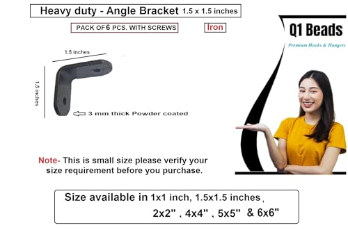 Image of Q1 Beads Metal Heavy Duty (3 mm) L Angle Bracket Clamp - Right Angle Brace for Wood Furniture & Metal, Includes Screws (Black Powder Coated) (1.5x1.5-6 Pcs)