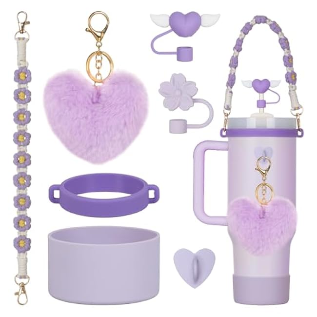 7Pcs Purple Stanley Cup Accessories Set with Handle Strap, Love Heart/Flower Straw Topper Straw Cover Cap, Silicone Boot, Love Heart Charms for Water Bottle Tumbler 20oz 30oz 40oz