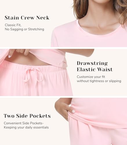 Image of NACHILA Pajamas for Women-Viscose Made from Bamboo,Satin Crew Neck Pajama Sets Short Sleeve Pjs with Capri Pants