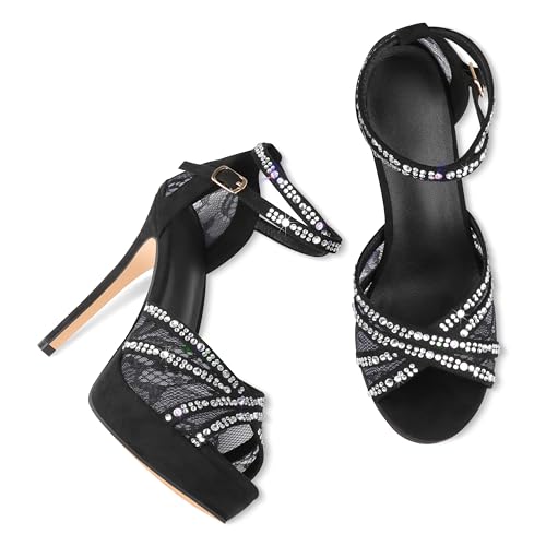 Women's Platform Heels Peep Toe Pumps Sexy Mesh Stilettos Sparkly Rhinestone High Heels Ankle Strap Shoes for Party Dance Prom4