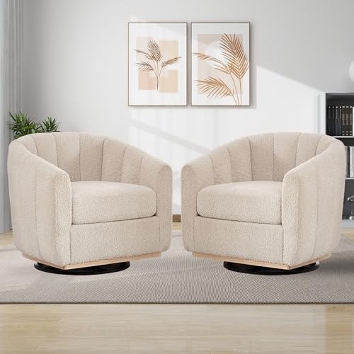 poneeridea Beige Swivel Accent Chairs Set of 2,Wide Curved Backrest,Chenille Upholstered Swivel Barrel Chairs Set of 2,Modern Accent Chair for Living Room