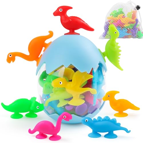Baby Suction Cups, 16PCS Silicone Dinosaur Sucker Toys with Eggshell Storage, Sensory Bath Toys for Kids Ages 4-8, Counting Learning Color Tool, Window Toy, Easter Egg Gifts for Boys Girls Ages 3+