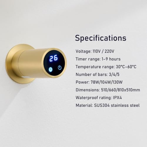 Toallero eléctrico premium de acero inoxidable resistente a salpicaduras IPX4 6