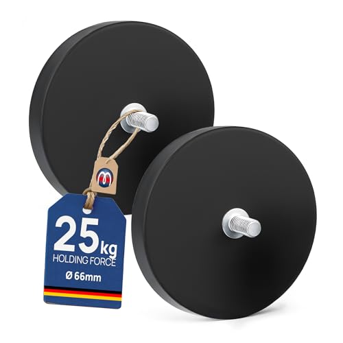2 x Aimant Néodyme caoutchouté avec goupille filetée Ø 66 mm - Filetage M8 - Force d'adhérence 25 kg - 2 pièces - Base magnétique avec revêtement...
