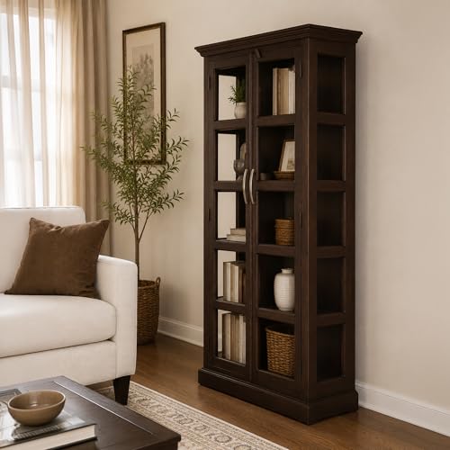 Image of The Attic Havenwood Wooden Bookshelf and Crockery Cabinet with Glass Door | Wooden Book Rack for Home Library, Study Room | Bookshelf Crockery Unit for Home & Kitchen Living Room | Walnut Finish
