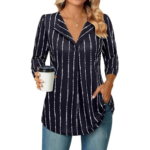 Bulotus Business Casual Tops for Women, Loose Fit Tunics or Tops to Wear with Leggings Work Blouses for Women Professional Ladies 3/4 Sleeve Tops and Blouses Elegant V Neck Work Shirts, Black Chain, L Cover