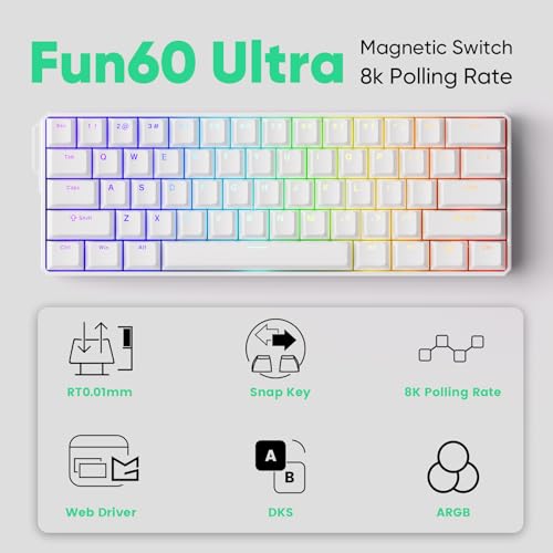Image of MONSGEEK FUN60 Ultra Rapid Trigger Gaming Keyboard 8k Magnetic Switch TMR Aluminum Wired Keyboard 60% White Shine-Through MagMech, Glare Magnetic Switch