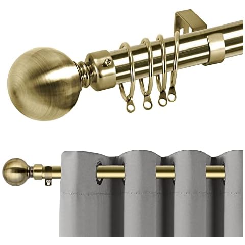 Hafaa Curtain Poles with 60mm Round Finials, 160 to 300 cm Antique Brass Plain Metal Ball Extendable Curtain Rod with Brackets, Rings & Fittings Set Window Curtain Pole for Living Room Cover