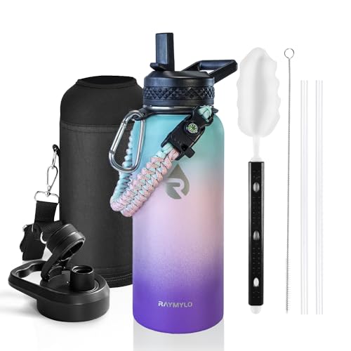 Image of RAYMYLO Insulated Water Bottle 32 oz, Triple Wall Vacuum Stainless Steel (Cold for 24Hrs, Hot for 12Hrs), Leak Proof & Non-BPA, Modern Water Flask Jug with Paracord Handle & Straw Spout Lids