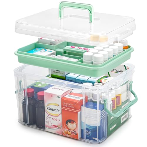 15QT Clear Medicine Organizer Storage Box with Handle & Tray - Thickened Plastic Empty First Aid Box Multipurpose Medical Container with Lids/Labels Medication Caddy for Home Baby Elderly Dorm