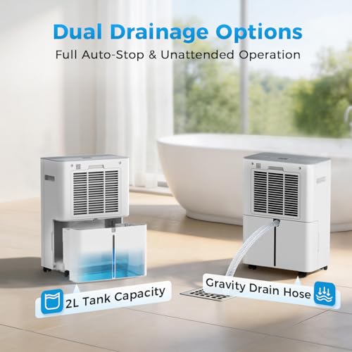 Image of 2500 sq.ft Dehumidifier for Home and Basement,Max 34 Pints Dehumidifier with Drain Hose,Ultra Quiet with Auto Defrost,Three Modes,Intelligent Dehumidifier for Bedroom,Bathroom,Large Room(Cream)
