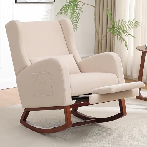 Rocking Chair Nursery, Nursery Rocking Chairs with Foot Rest, Comfy Fabric Glider Rocker Nursing Chair with High Back for Nursing, Living Room, Bedroom, Beige