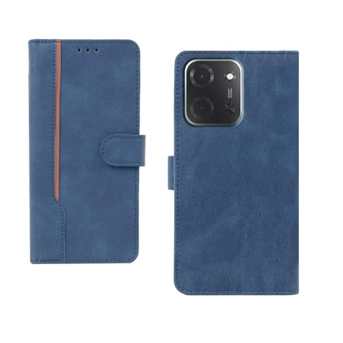 Image of amazon basics Poco C85 5G Flip Cover | Card Pockets Wallet & Stand | Flip Cover for Poco C85 5G (Blue with Beige Strip)