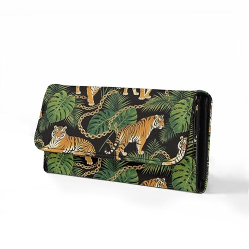 Image of AFPANQZ Wallet for Women Credit Card Holder with Coin Purse and Zipper Wallet, Tiger Monstera Print Women's Clutch Organizer with Christmas Lights Snowman Crutch