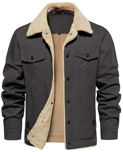MANSDOUR Men's Winter Jacket Warm Sherpa Lined Cargo Jackets for Men Casual Fleece Trucker Work Jacket Full Zip Cotton Military Coat Fur Collar Aviator Bomber Jacket Fall Canvas Windbreaker Coats