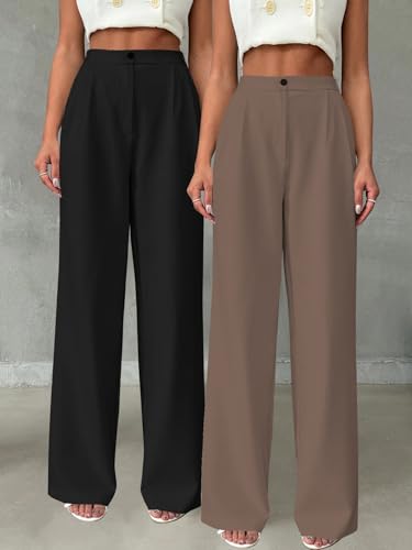 Image of Toochki Trousers for Woman Pants Women's Formal Office Korean | Beige Track Pant | Straight | Cotton Spandex Stretchable Trouser | High-Waisted Bottom Wear | Pack of 2 Combo