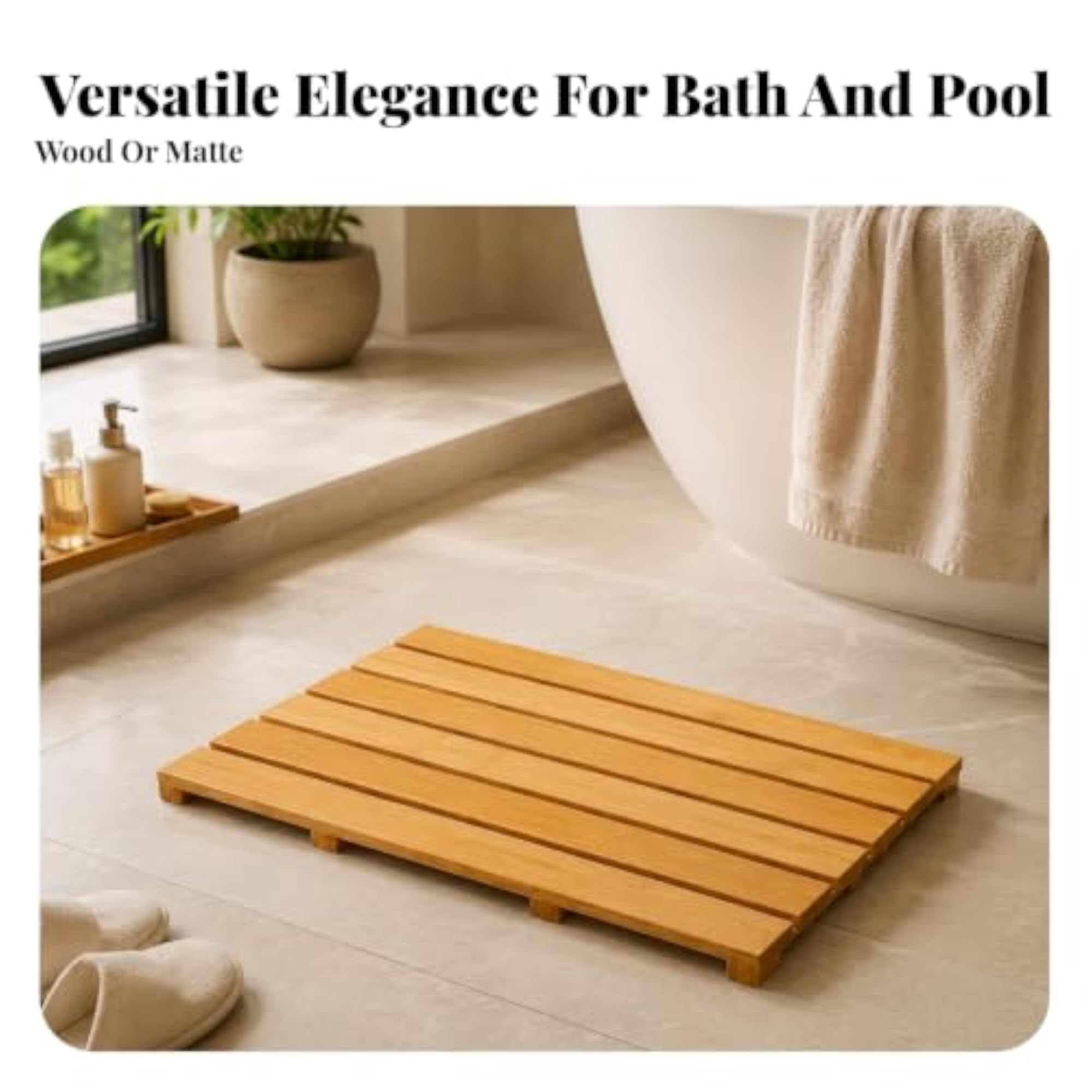 Quick-Draining Non-Slip Bamboo Bath Mat for Shower & Poolside