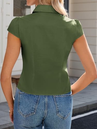 Image of Tankaneo Women Short Sleeve Button Down Shirts Summer Y2k Slim Fit Collared Blouse Trendy Casual Cropped Tops