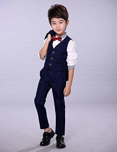 Boys Elegant 3Pcs Jacket Vest Pants Slim Fit Classic Tuxedo Suits Comfortable Dress Wedding School Party Ceremony Size 110Cm Dark Blue #TOP2