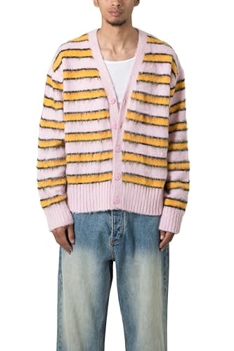 mnml Men's Striped Mohair Cardigan Sweater Pink at Amazon