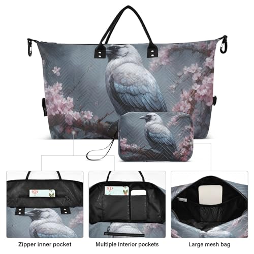 Large Travel Duffel Bag, Light Blue Crow Floral Sports Tote Gym Bag, Shoulder Weekender Overnight Bag for Women Men, Carry On Luggage with Toiletry Bags2