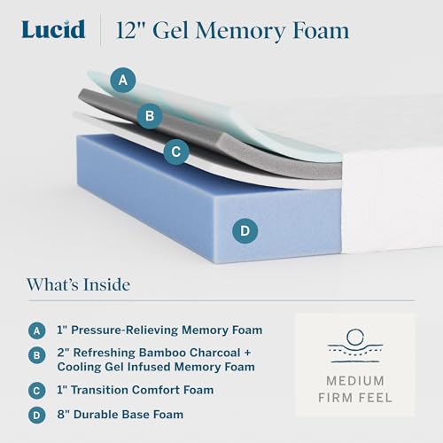 LUCID 12 Inch Memory Foam Mattress - Medium Feel - Memory Foam Infused with Bamboo Charcoal - Gel Infusions - CertiPUR-US Certified - Breathable - KingKing Size