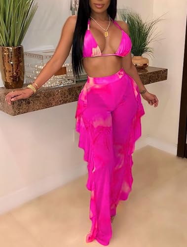 Women 2 Piece Outfits Bikini Swimsuit - Sexy See Through Mesh Crop Top Ruffle Long Pant Jumpsuits Beach Cover Up4