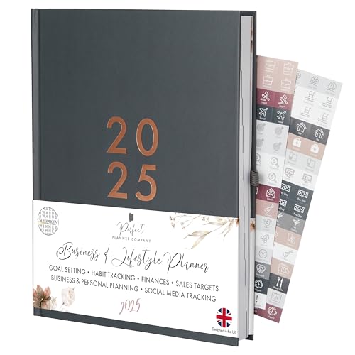 Perfect Planner Company - 2025 Business & Lifestyle Planner - Monthly & Weekly Diary - Habit Tracker - Social Media Planning - Meal and Exercise Planner - 100gsm FSC Paper, Midnight