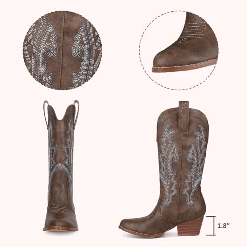 Image of AOSPHIRAYLIAN Cowboy Boots for Women Retro Pointed Toe Pull On Block Chunky Heel Glitter Sparkly Metallic Embroidecamel Country Concert Outfits Calf Western Cowgirl Boots