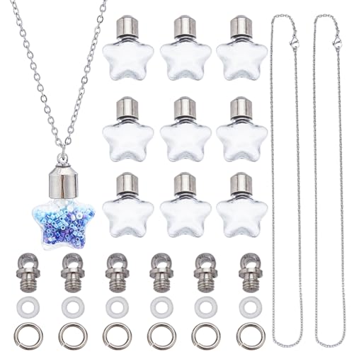 SUNNYCLUE 1 Box 30Pcs DIY 10 Sets Vial Necklace Hourglass Vial Pendant with Screw Cap Bottle Empty Star Shaped Hourglass Clear Glass Wish Bottle Charms Stainless Steel Chain for jewellery Making Kits