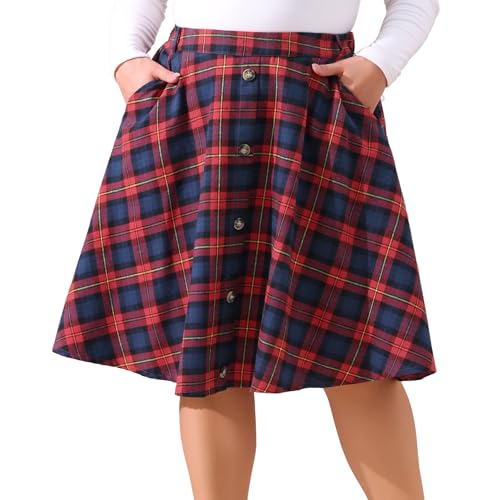 Agnes Orinda Plus Size Vintage Skirt for Women Plaid Elastic High Waist Button Front A-Line Skirt with Pockets