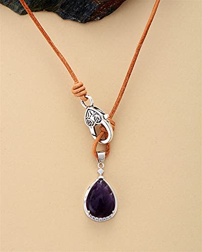 Preisvergleich Produktbild ABCBCA Teardrop Anhänger Halskette Amethysts Leder Choker Halskette Einzigartige Schmuck bergkristall