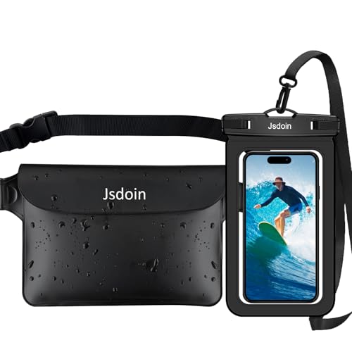 Jsdoin wasserdichte Tasche + wasserdichte Handyhülle wasserdichte Bauchtasche mit einstellbarem Band für Wassersport, Schwimmen, Strand, Bootsfahrten - Schwarz