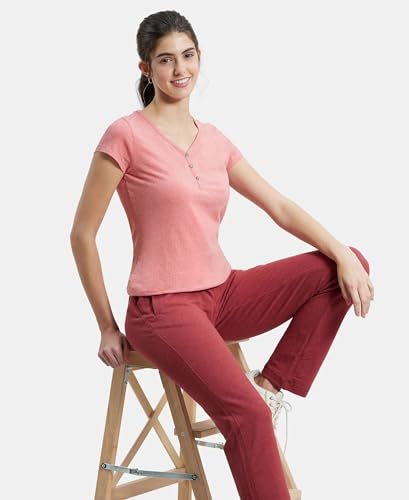 Image of Jockey UL03 Women's Super Combed Cotton Elastane Stretch Slim Fit Solid V Neck Henley Styled Half Sleeve T-Shirt