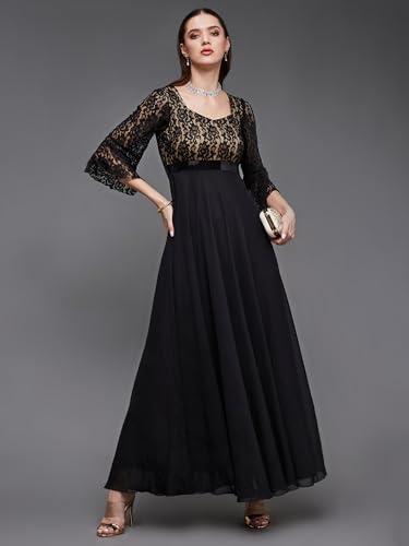 Image of Miss Chase Women's Floral Printed Relaxed Fit V-Neck 3 /4th Sleeve Maxi Dress