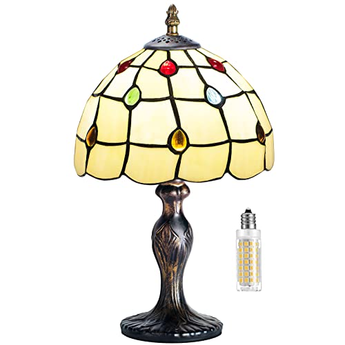 MIAOKE lámpara tiffany, Lámpara de mesa de vitrales con base delgada de hoja de metal antiguo para espacios pequeños de sala de estar, dormitorio, luz de escritorio de banquero (Cola de pavo real)