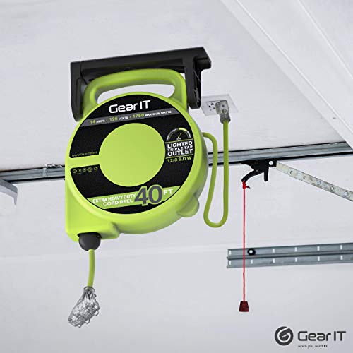Gearit Retractable Extension Cord Reel (40Ft) 12/3 Awg Gauge Sjtw,3 Outlets, Led Power Indicator, 14-Amps Circuit Breaker, 180 Degrees, Ul Listed For Garage Ceiling Mount Workshop, Power Tool 40 Feet #TOP5