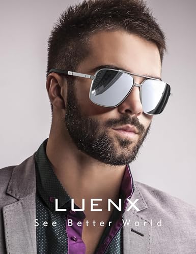 Image of LUENX Polarized Square Aviator Sunglasses for Men,Trendy Retro Oversized Rectangular Frame UV400 Protection